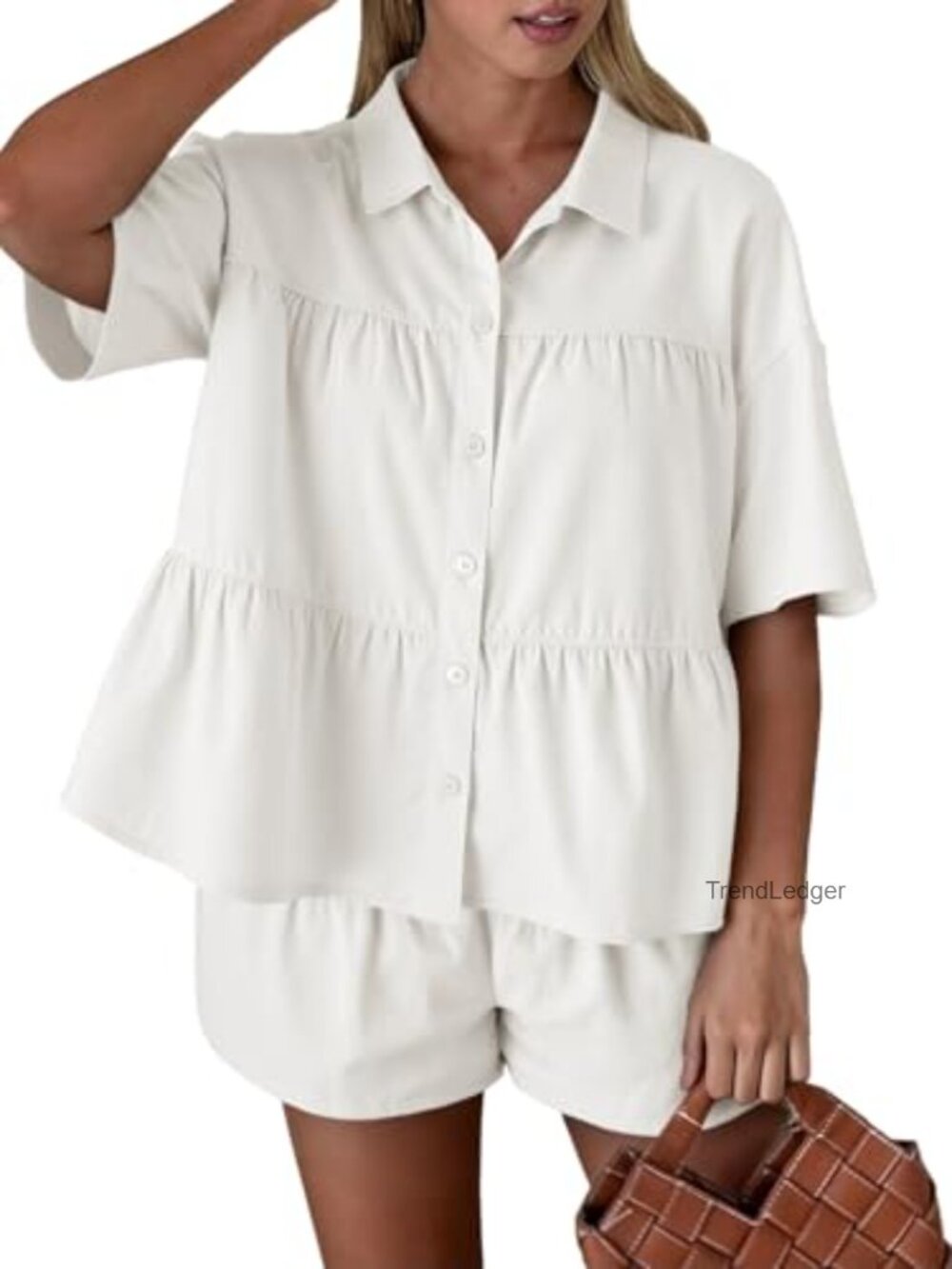 Womens Cotton Pleated Lounge Set Short Sleeve Top Wide Leg Shorts Casual